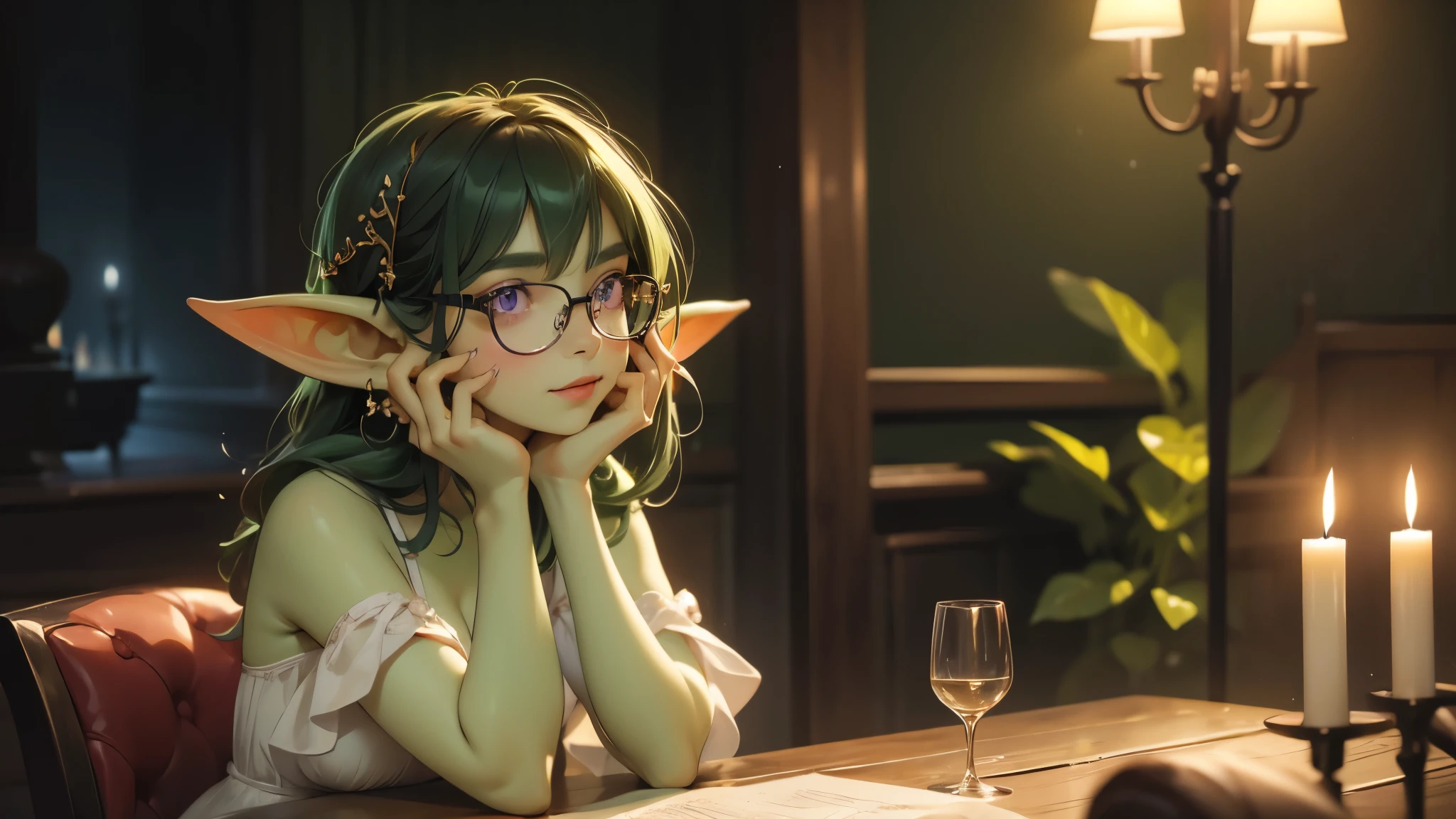 ((best quality)), ((masterpiece)), (very detailed), 4k, perfect face, very small goblin girl, green skin, purple eyes, small breasts, black rimmed glasses, short dark green hair, sitting in plush red velvet chair, single small candle on a table provides only light, black background, romantic, dimly lit, ethereal, beautiful, wearing expensive white dress and pearl earrings, date night, slight smile, holding glass of white wine, looking at viewer