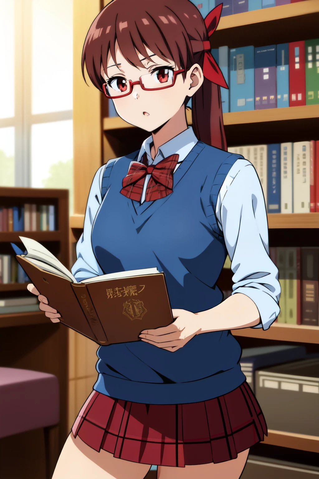 (anime)
, blue sweater vest, red bow, plaid skirt, brown skirt, miniskirt,
1girl, library, reading, studying, bookshelf, glasses