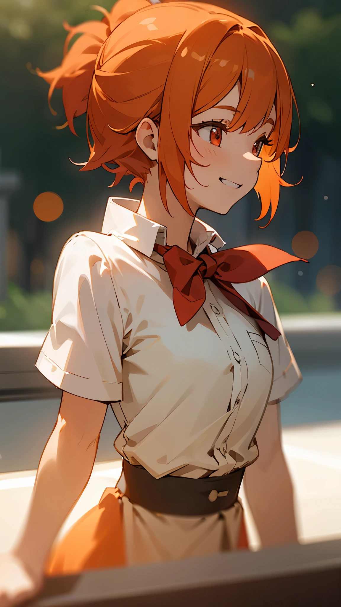 １girl、orange hair、ponytail、round red eyes、short hair、grin、profile、upper body close-up、Morning café terrace、background bokeh, Depth of the bounds written