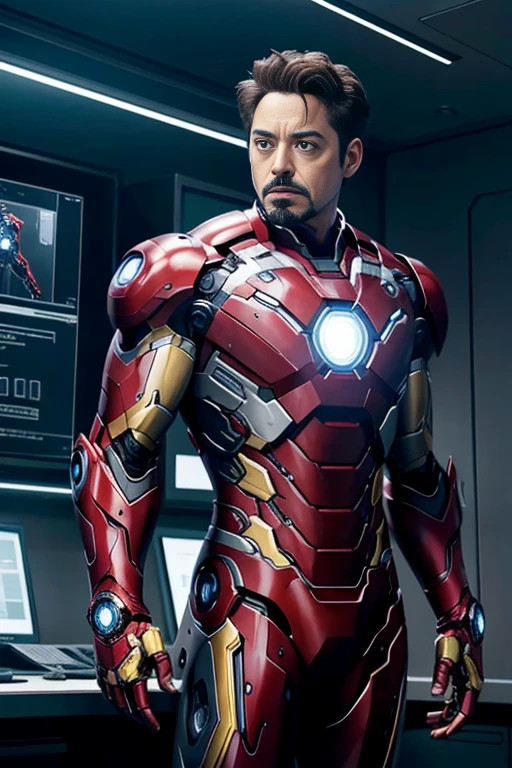 In the image, we see actor Robert Downey Jr. portraying the iconic character Tony Stark, better known as Iron Man, from the Marvel Cinematic Universe. He is standing in a high-tech laboratory or workshop, which is filled with screens and equipment, indicative of the advanced technology that powers the Iron Man suit. The suit itself is a marvel of modern design, with sleek lines and a combination of silver and black colors that give it a futuristic look. The chest arc reactor, a signature element of the Iron Man suit, is prominently displayed, symbolizing the power source that keeps the suit operational. The overall setting and the character's attire suggest a scene from one of the Iron Man movies, where Tony Stark is likely in the midst of developing or upgrading his suit.
