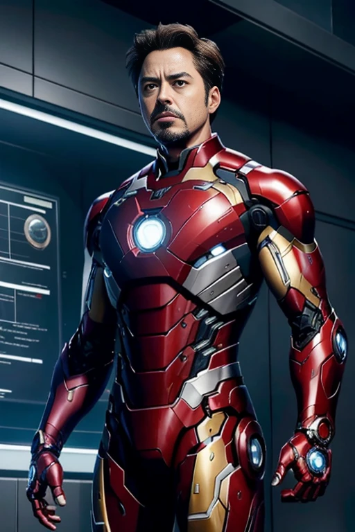 In the image, we see actor Robert Downey Jr. portraying the iconic character Tony Stark, better known as Iron Man, from the Marvel Cinematic Universe. He is standing in a high-tech laboratory or workshop, which is filled with screens and equipment, indicative of the advanced technology that powers the Iron Man suit. The suit itself is a marvel of modern design, with sleek lines and a combination of silver and black colors that give it a futuristic look. The chest arc reactor, a signature element of the Iron Man suit, is prominently displayed, symbolizing the power source that keeps the suit operational. The overall setting and the character's attire suggest a scene from one of the Iron Man movies, where Tony Stark is likely in the midst of developing or upgrading his suit.