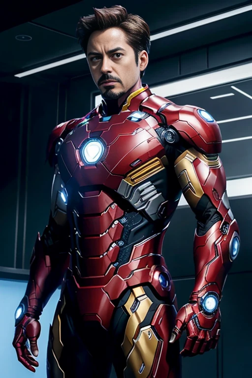In the image, we see the character Tony Stark, known as Iron Man, portrayed by actor Robert Downey Jr. He is standing in a futuristic setting that resembles a high-tech laboratory or workshop, which is likely part of his character's personal arc or the Avengers' headquarters. Tony is wearing his iconic Iron Man suit, which is predominantly red and gold, with glowing eyes and chest arc reactor, a signature feature of the suit that powers it. The suit is detailed with various panels and components that suggest advanced technology and armor plating. The background features sleek, modern design elements with blue and white lighting, enhancing the high-tech atmosphere of the scene.