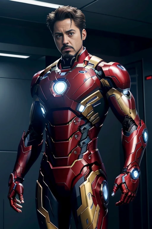 In the image, we see the character Tony Stark, known as Iron Man, portrayed by actor Robert Downey Jr. He is standing in a futuristic setting that resembles a high-tech laboratory or workshop, which is likely part of his character's personal arc or the Avengers' headquarters. Tony is wearing his iconic Iron Man suit, which is predominantly red and gold, with glowing eyes and chest arc reactor, a signature feature of the suit that powers it. The suit is detailed with various panels and components that suggest advanced technology and armor plating. The background features sleek, modern design elements with blue and white lighting, enhancing the high-tech atmosphere of the scene.