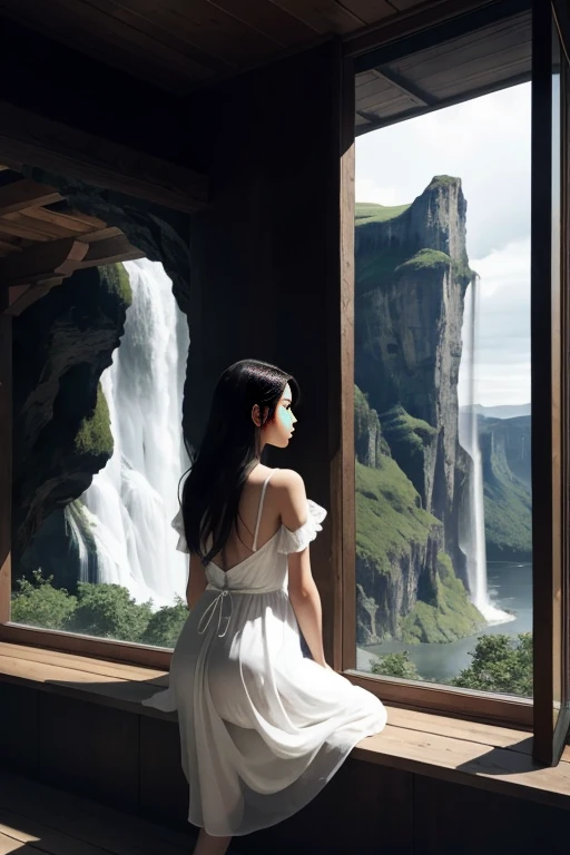 In the image, we see a young woman seated on a wooden bench, her back to us, gazing out of a window that offers a breathtaking view of a fantastical landscape. The window frames a scene of towering cliffs and cascading waterfalls, with the light filtering through the glass casting a warm glow on the woman's back. She is dressed in a black and white outfit, adding a touch of elegance to the scene. The overall atmosphere is one of tranquility and introspection, as if the woman is lost in thought, contemplating the beauty of the world outside. The image beautifully captures the essence of daydreaming and the allure of the unknown.