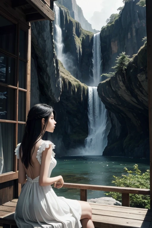 In the image, we see a young woman seated on a wooden bench, her back to us, gazing out of a window that offers a breathtaking view of a fantastical landscape. The window frames a scene of towering cliffs and cascading waterfalls, with the light filtering through the glass casting a warm glow on the woman's back. She is dressed in a black and white outfit, adding a touch of elegance to the scene. The overall atmosphere is one of tranquility and introspection, as if the woman is lost in thought, contemplating the beauty of the world outside. The image beautifully captures the essence of daydreaming and the allure of the unknown.