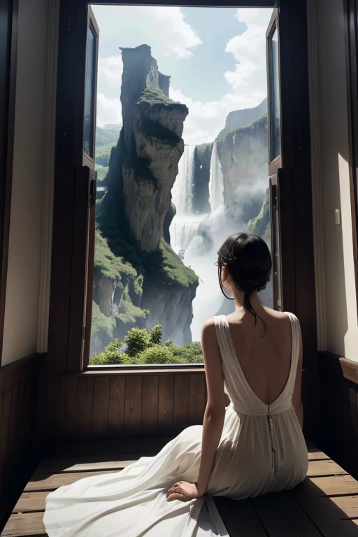 In the image, we see a young woman seated on a wooden bench, her back to us, gazing out of a window that offers a breathtaking view of a fantastical landscape. The window frames a scene of towering cliffs and cascading waterfalls, with the light filtering through the glass casting a warm glow on the woman's back. She is dressed in a black and white outfit, adding a touch of elegance to the scene. The overall atmosphere is one of tranquility and introspection, as if the woman is lost in thought, contemplating the beauty of the world outside. The image beautifully captures the essence of daydreaming and the allure of the unknown.