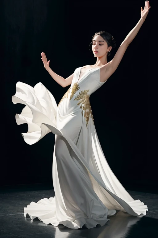 The image captures a moment of pure elegance and grace. The subject, a young woman, is in the midst of a dance, her body poised in a dynamic pose that suggests movement and energy. She is adorned in a white dress, its gold accents adding a touch of sophistication. The dress, with its flowing skirt, is a testament to the fluidity of her dance.

Her arms are raised, mirroring the upward motion of her dance, and her eyes are closed, indicating a moment of intense concentration or perhaps a moment of pure joy. The sunlight streaming in from the side casts a warm glow on her, highlighting her features and adding depth to the image.

The background is a stark contrast to the subject, with its dark and muted colors, allowing the viewer's attention to remain focused on the woman and her dance. The overall composition of the image, with its careful balance of light and shadow, color and contrast, creates a visually striking scene that captures the essence of grace and beauty in motion.