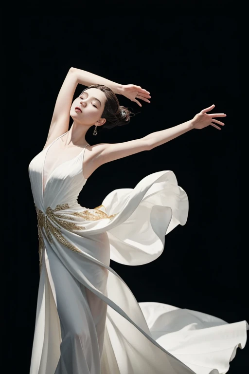 The image captures a moment of pure elegance and grace. The subject, a young woman, is in the midst of a dance, her body poised in a dynamic pose that suggests movement and energy. She is adorned in a white dress, its gold accents adding a touch of sophistication. The dress, with its flowing skirt, is a testament to the fluidity of her dance.

Her arms are raised, mirroring the upward motion of her dance, and her eyes are closed, indicating a moment of intense concentration or perhaps a moment of pure joy. The sunlight streaming in from the side casts a warm glow on her, highlighting her features and adding depth to the image.

The background is a stark contrast to the subject, with its dark and muted colors, allowing the viewer's attention to remain focused on the woman and her dance. The overall composition of the image, with its careful balance of light and shadow, color and contrast, creates a visually striking scene that captures the essence of grace and beauty in motion.