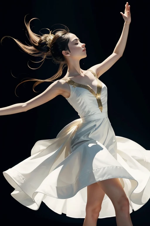 The image captures a moment of pure elegance and grace. The subject, a young woman, is in the midst of a dance, her body poised in a dynamic pose that suggests movement and energy. She is adorned in a white dress, its gold accents adding a touch of sophistication. The dress, with its flowing skirt, is a testament to the fluidity of her dance.

Her arms are raised, mirroring the upward motion of her dance, and her eyes are closed, indicating a moment of intense concentration or perhaps a moment of pure joy. The sunlight streaming in from the side casts a warm glow on her, highlighting her features and adding depth to the image.

The background is a stark contrast to the subject, with its dark and muted colors, allowing the viewer's attention to remain focused on the woman and her dance. The overall composition of the image, with its careful balance of light and shadow, color and contrast, creates a visually striking scene that captures the essence of grace and beauty in motion.