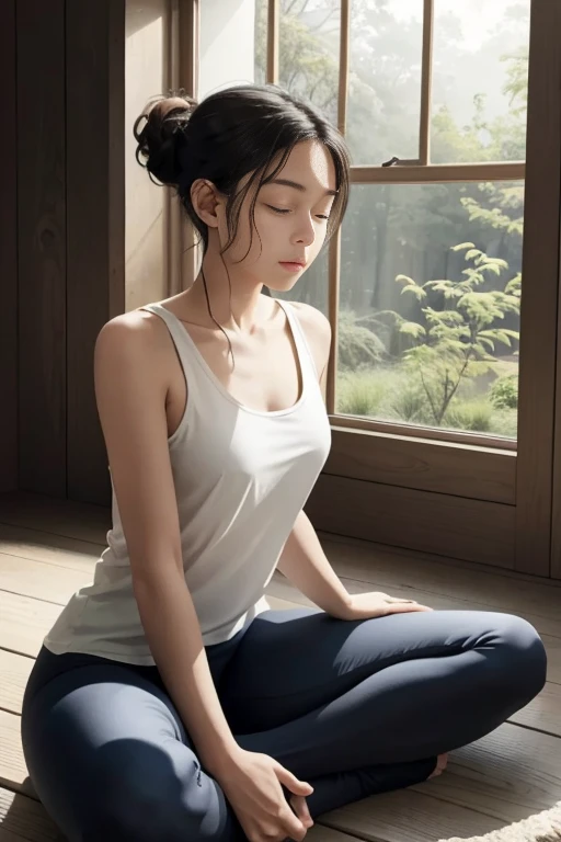 The image depicts a young woman in a serene setting, embodying a moment of tranquility and introspection. She is seated on a wooden floor, her posture relaxed yet poised, with her hands gently folded together in her lap. Her attire, a white tank top paired with blue leggings, suggests a casual yet active lifestyle. Her hair is neatly pulled back, allowing her face to be fully visible, and her eyes are closed, indicating a state of mindfulness or meditation. The warm lighting and the blurred background of what appears to be a room with a window suggest a calm and peaceful environment, further enhancing the overall sense of serenity captured in the image.