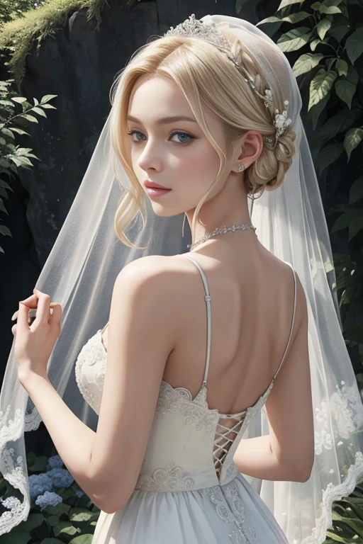 The image depicts a young woman with blonde hair styled in an elegant updo, adorned with a veil that cascades down her back. She is wearing a white bridal gown with intricate beading and lace detailing, which adds a touch of sophistication and romance to her appearance. The gown features a deep neckline and thin straps, accentuating her shoulders and upper chest.

The woman's makeup is done in a natural, yet dramatic style, with defined eyeliner and eyeshadow that enhance her blue eyes. Her lips are subtly colored, complementing the overall soft and ethereal look.

The background of the image is softly blurred, suggesting a natural setting with greenery, possibly a garden or a forest, which adds to the serene and dreamy atmosphere of the portrait. The lighting is warm and soft, casting gentle shadows and highlighting the textures of her hair and the fabric of her dress.

Overall, the image captures a moment of quiet beauty and elegance, evoking a sense of timelessness and grace.