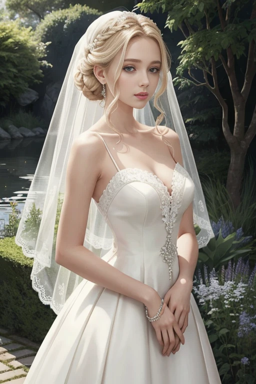 The image depicts a young woman with blonde hair styled in an elegant updo, adorned with a veil that cascades down her back. She is wearing a white bridal gown with intricate beading and lace detailing, which adds a touch of sophistication and romance to her appearance. The gown features a deep neckline and thin straps, accentuating her shoulders and upper chest.

The woman's makeup is done in a natural, yet dramatic style, with defined eyeliner and eyeshadow that enhance her blue eyes. Her lips are subtly colored, complementing the overall soft and ethereal look.

The background of the image is softly blurred, suggesting a natural setting with greenery, possibly a garden or a forest, which adds to the serene and dreamy atmosphere of the portrait. The lighting is warm and soft, casting gentle shadows and highlighting the textures of her hair and the fabric of her dress.

Overall, the image captures a moment of quiet beauty and elegance, evoking a sense of timelessness and grace.