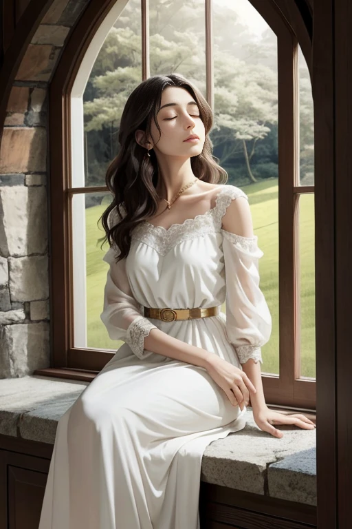 The image depicts a young woman in a serene setting, exuding an air of tranquility and introspection. She is seated by a window, her posture relaxed yet poised, with her chin resting gently on her hand. Her attire is elegant and timeless, featuring a white, flowing dress with a delicate lace neckline that adds a touch of sophistication. The dress's draped sleeves and the gold belt cinching her waist contribute to the overall ethereal and graceful appearance.

The woman's long, wavy hair cascades down her shoulders, complementing her thoughtful expression. Her eyes are closed, suggesting she is lost in thought or perhaps enjoying a moment of quiet reflection. The soft lighting illuminates her face, highlighting her features and the gentle curve of her lips.

The background is simple yet evocative, with a stone wall and a wooden window frame that provide a rustic charm. The window allows natural light to filter into the scene, casting a warm glow on the woman and the surrounding area. The overall composition of the image, with its soft focus and muted color palette, creates a sense of calm and introspection, inviting the viewer to share in the woman's moment of quiet solitude.