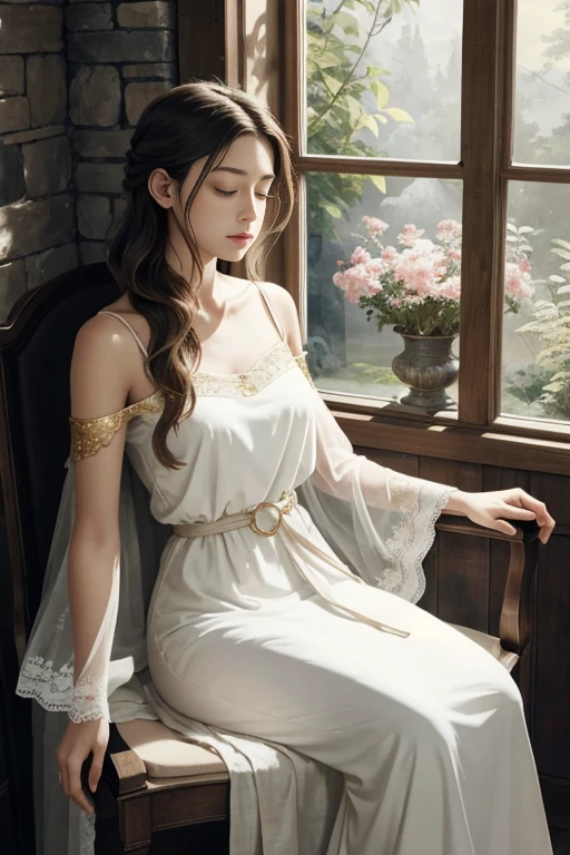 The image depicts a young woman in a serene setting, exuding an air of tranquility and introspection. She is seated by a window, her posture relaxed yet poised, with her chin resting gently on her hand. Her attire is elegant and timeless, featuring a white, flowing dress with a delicate lace neckline that adds a touch of sophistication. The dress's draped sleeves and the gold belt cinching her waist contribute to the overall ethereal and graceful appearance.

The woman's long, wavy hair cascades down her shoulders, complementing her thoughtful expression. Her eyes are closed, suggesting she is lost in thought or perhaps enjoying a moment of quiet reflection. The soft lighting illuminates her face, highlighting her features and the gentle curve of her lips.

The background is simple yet evocative, with a stone wall and a wooden window frame that provide a rustic charm. The window allows natural light to filter into the scene, casting a warm glow on the woman and the surrounding area. The overall composition of the image, with its soft focus and muted color palette, creates a sense of calm and introspection, inviting the viewer to share in the woman's moment of quiet solitude.