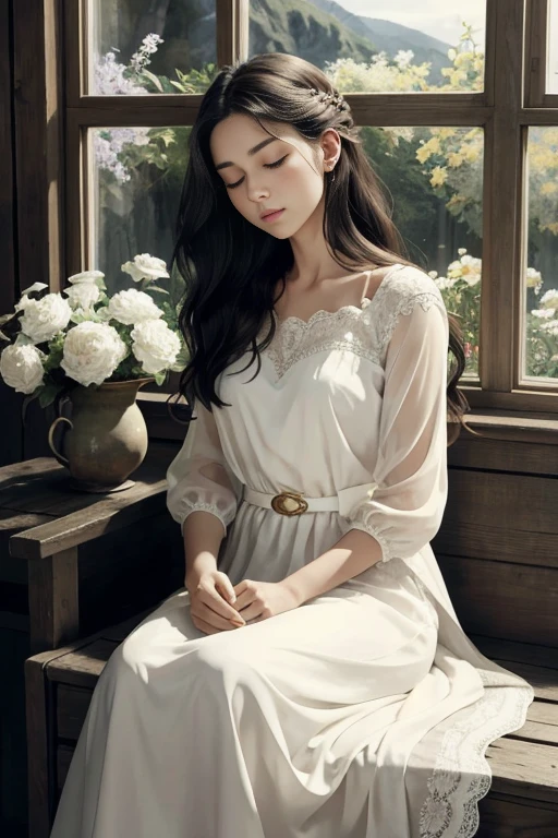 The image depicts a young woman in a serene setting, exuding an air of tranquility and introspection. She is seated by a window, her posture relaxed yet poised, with her chin resting gently on her hand. Her attire is elegant and timeless, featuring a white, flowing dress with a delicate lace neckline that adds a touch of sophistication. The dress's draped sleeves and the gold belt cinching her waist contribute to the overall ethereal and graceful appearance.

The woman's long, wavy hair cascades down her shoulders, complementing her thoughtful expression. Her eyes are closed, suggesting she is lost in thought or perhaps enjoying a moment of quiet reflection. The soft lighting illuminates her face, highlighting her features and the gentle curve of her lips.

The background is simple yet evocative, with a stone wall and a wooden window frame that provide a rustic charm. The window allows natural light to filter into the scene, casting a warm glow on the woman and the surrounding area. The overall composition of the image, with its soft focus and muted color palette, creates a sense of calm and introspection, inviting the viewer to share in the woman's moment of quiet solitude.