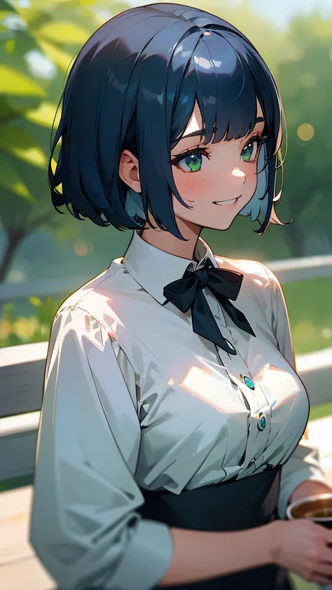 １girl、dark blue hair、bob cut、beautiful green eyes、grin、profile、upper body close-up、morning café terrace、background bokeh, depth ...