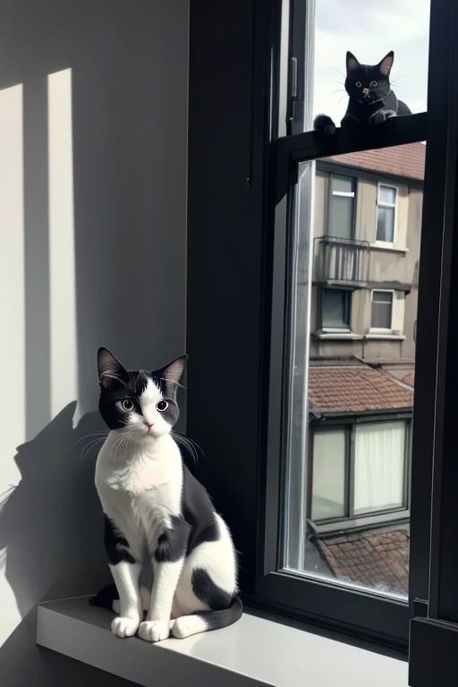 In the image, there is a black and white cat sitting on a window sill. The cat is looking directly at the camera with a focused and somewhat inquisitive expression. Its ears are perked up, indicating alertness. The cat's fur is predominantly black with white markings on its face, chest, and paws. The background shows a street scene with buildings, suggesting an urban setting. The window has a dark frame, and the cat is positioned in such a way that it appears to be looking out onto the street. The lighting in the photo is natural, suggesting it might be daytime. The cat's posture and gaze give the impression that it is interested in what is happening outside the window.