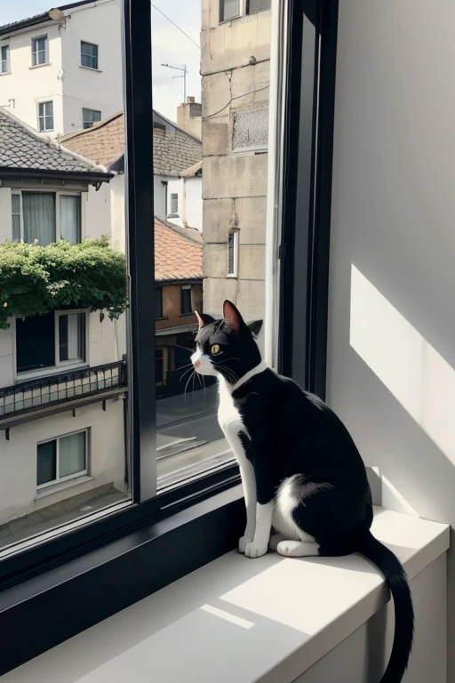 In the image, there is a black and white cat sitting on a window sill. The cat is looking directly at the camera with a focused and somewhat inquisitive expression. Its ears are perked up, indicating alertness. The cat's fur is predominantly black with white markings on its face, chest, and paws. The background shows a street scene with buildings, suggesting an urban setting. The window has a dark frame, and the cat is positioned in such a way that it appears to be looking out onto the street. The lighting in the photo is natural, suggesting it might be daytime. The cat's posture and gaze give the impression that it is interested in what is happening outside the window.