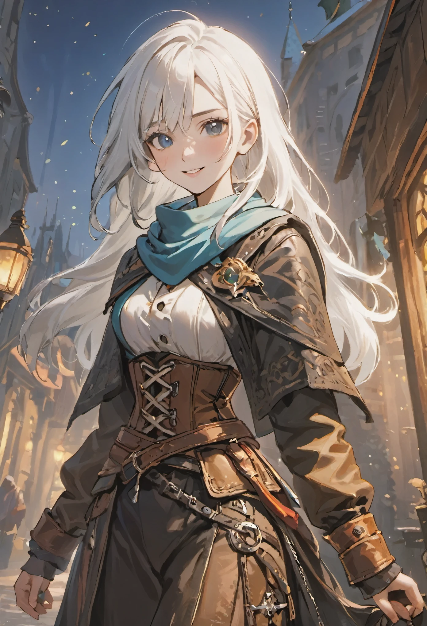 ((medium white hair)), sparkling pure white hair, smile, female adventurer, game art style, (masterpiece), (colorful clothing), scarves, leather belts, half skirt over pants and boots, flowing blouse and leather corset, best quality, highres, 4k, 8k, Detailed Illustration, intricate detail, cinematic lighting, amazing quality, 1girl, fit female, amazing shading, soft lighting, facing camera, perfect eyes