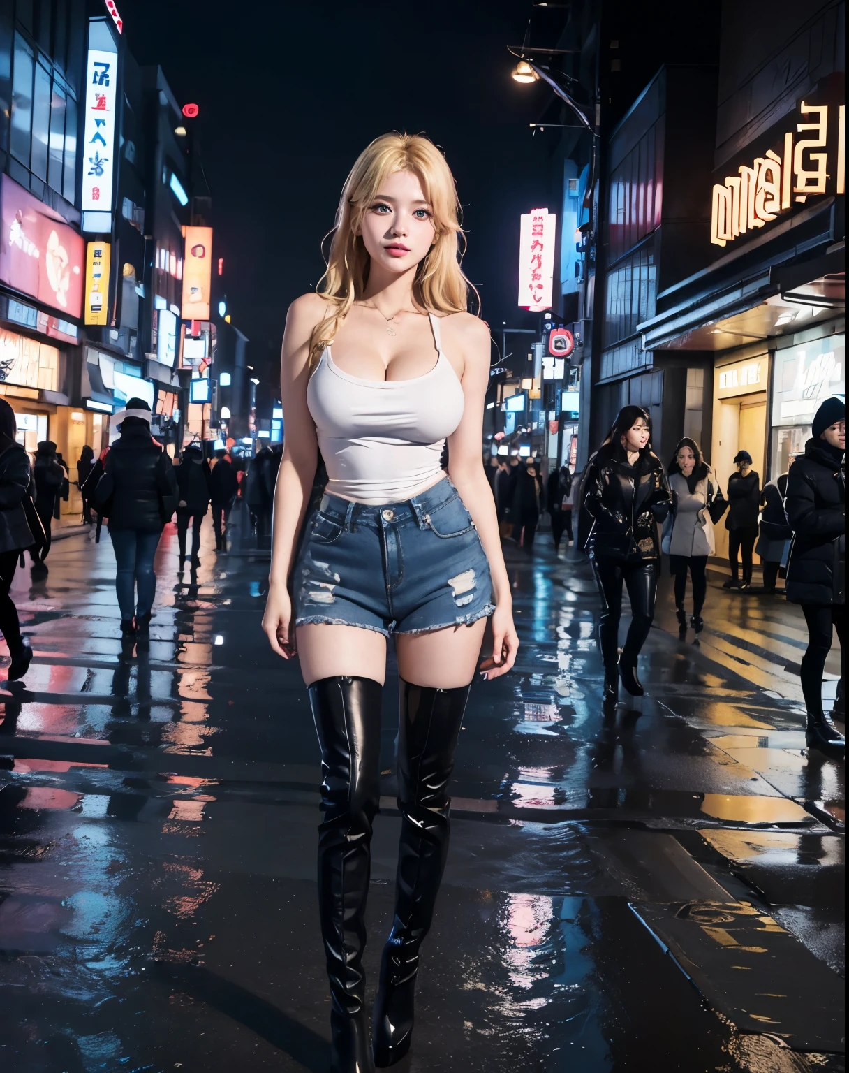 1girl, (Blue Eyes), (smiling), (Sana Minatozaki), wide hips, Big , big ass, (Best Quality, 8k, Masterpiece: 1.3), Clear Focus: 1.2, Perfect Body Beauty: 1.4, Highly detailed face and skin texture, detailed eyes, double eyelids, (blond long hair behind the ear :1.3), (cleavage tanktop), (jeans), ((long high heel boots :1.3,)) standing, dynamic pose, in the shibuya neighborhood at night, tokyo at night, buildings with illuminated signs in the background