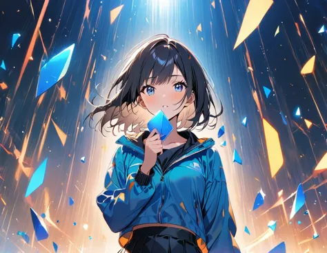 (best quality, masterpiece),(1 girl, windbreaker,expressive face, blue eyes, looking at the audience, black hair, shut your mouth, formal shirt, black skirt, Reach out to the audience), (Reduce blue light, There are many blue glass shards hovering behind y...