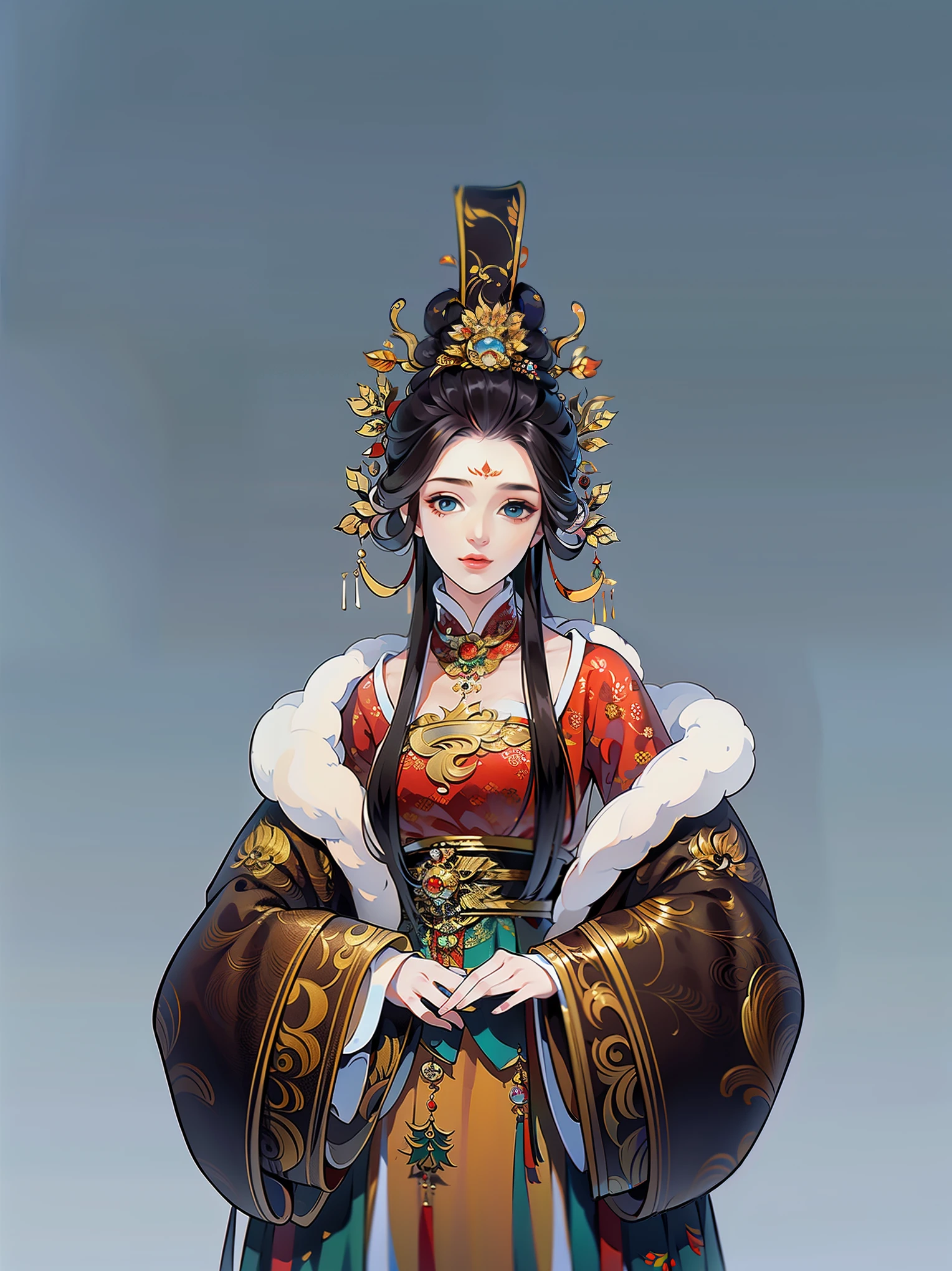 （杰作，非常详细，高清详情，高度细致的艺术）1 名女孩，半身，Xianxia，冬天的衣服，宽松毛绒夹克，毛茸茸，温暖的，优雅的，优雅的，来自东亚的高度详细的人物设计，游戏角色服装设计，简单的，超高分辨率, 清晰聚焦, 史诗般的作品, 杰作, (非常详细的 CG 统一 8k 壁纸)，漂亮脸蛋，漂亮的眼睛，高清详情