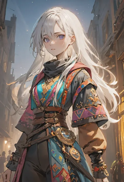 ((sparkling white hair)), white hair, female adventurer, full body, game art style, (masterpiece), (colorful clothing 1:5), scar...