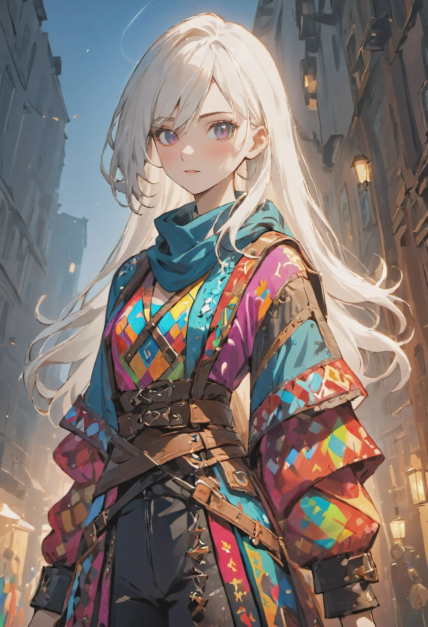 ((medium white hair)), sparkling pure white hair, female adventurer, game art style, (masterpiece), (colorful clothing 1:5), scarves, leather belts, half skirt over pants and boots, flowing blouse and leather corset, best quality, highres, 4k, 8k, Detailed Illustration, intricate detail, cinematic lighting, amazing quality, 1girl, fit female, amazing shading, soft lighting, facing camera, perfect eyes