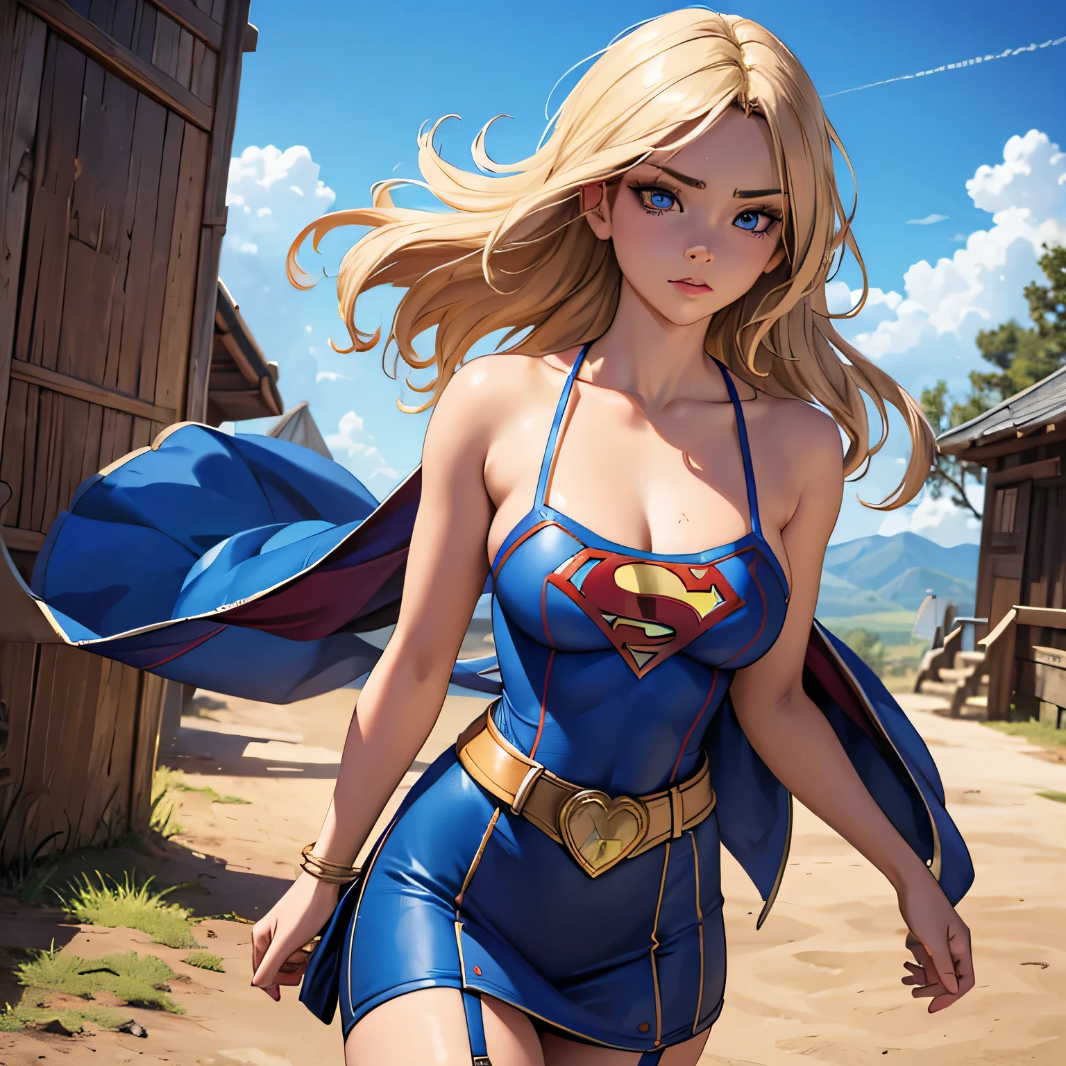 best quality, ultra-detailed, masterpiece, fine details, high res, 8k wallpaper, best quality, highres, cowboy shot, supergirl, ultimately sexy, spaghetti strap top, garter belt, dynamic action, flying, doing superhero stuff, superhero, beautiful girl, woman, solo, fly, sky, cloudy sky, (cute:1.3), realistic, (cute), (detailed face), detailed eyes, detailed iris, detailed skin, masterpiece, professional photoshoot, perfect face, spaghetti strap top