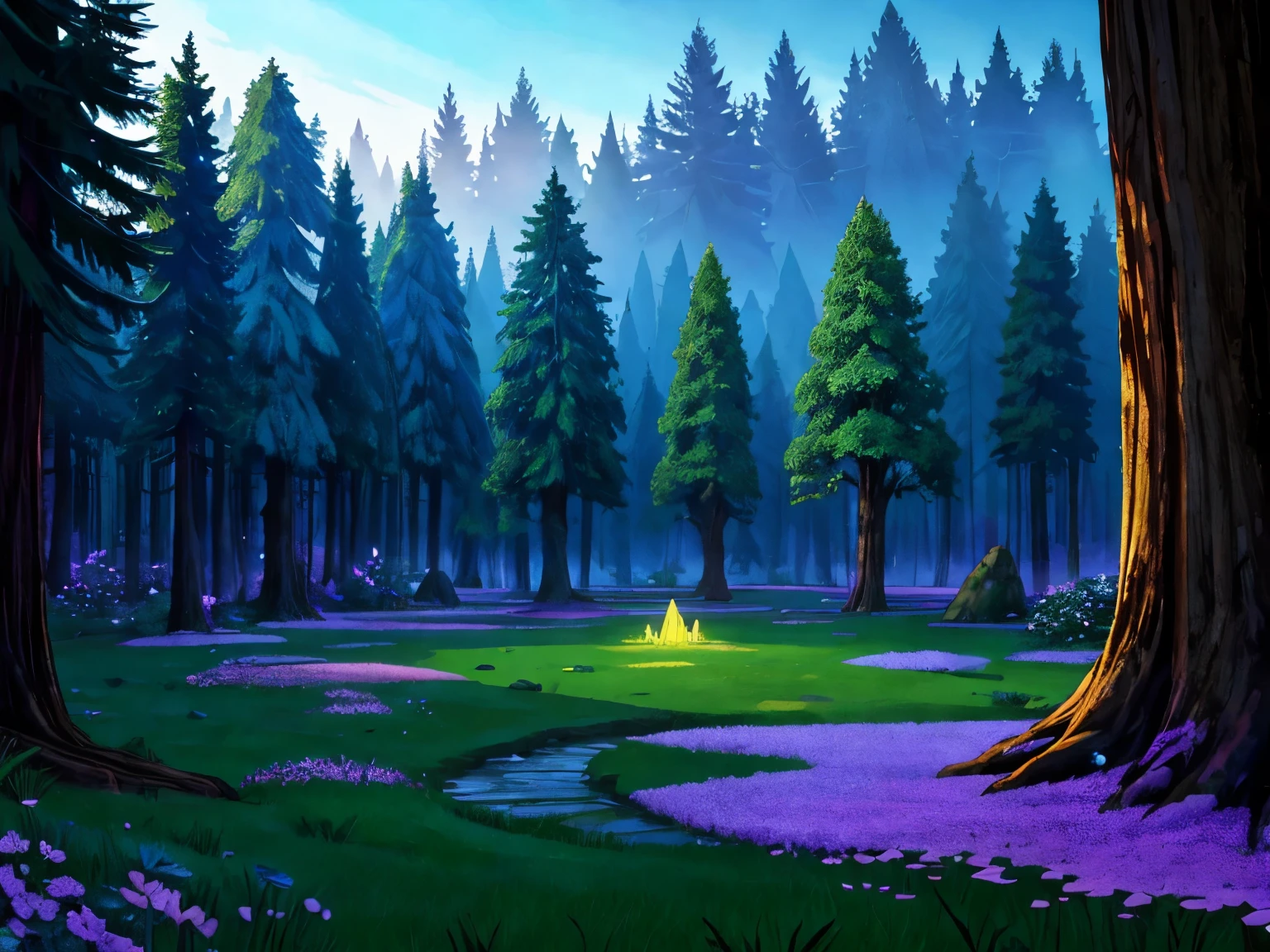 густой фантастический лес со светящимися кристаллами, растущими из земли, у деревьев очень высокие кроны, в центре большая поляна, а слева светящееся озеро..
