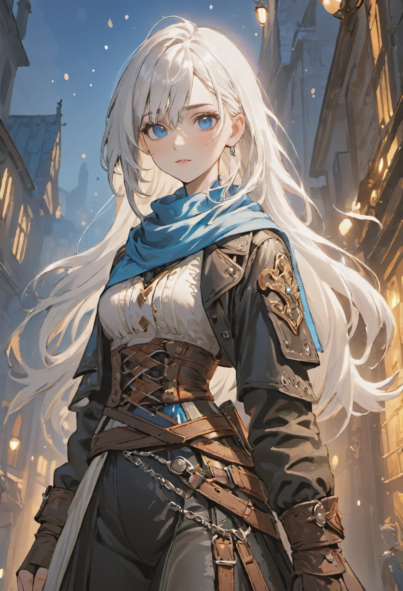 ((medium white hair)), bright blue eyes, sparkling pure white hair, female adventurer, game art style, (masterpiece), (multicolor print accent clothing), colorful scarves, leather belts, half skirt over pants and boots, flowing blouse and leather corset, best quality, highres, 4k, 8k, Detailed Illustration, intricate detail, cinematic lighting, amazing quality, 1girl, fit female, amazing shading, soft lighting, facing camera, perfect eyes