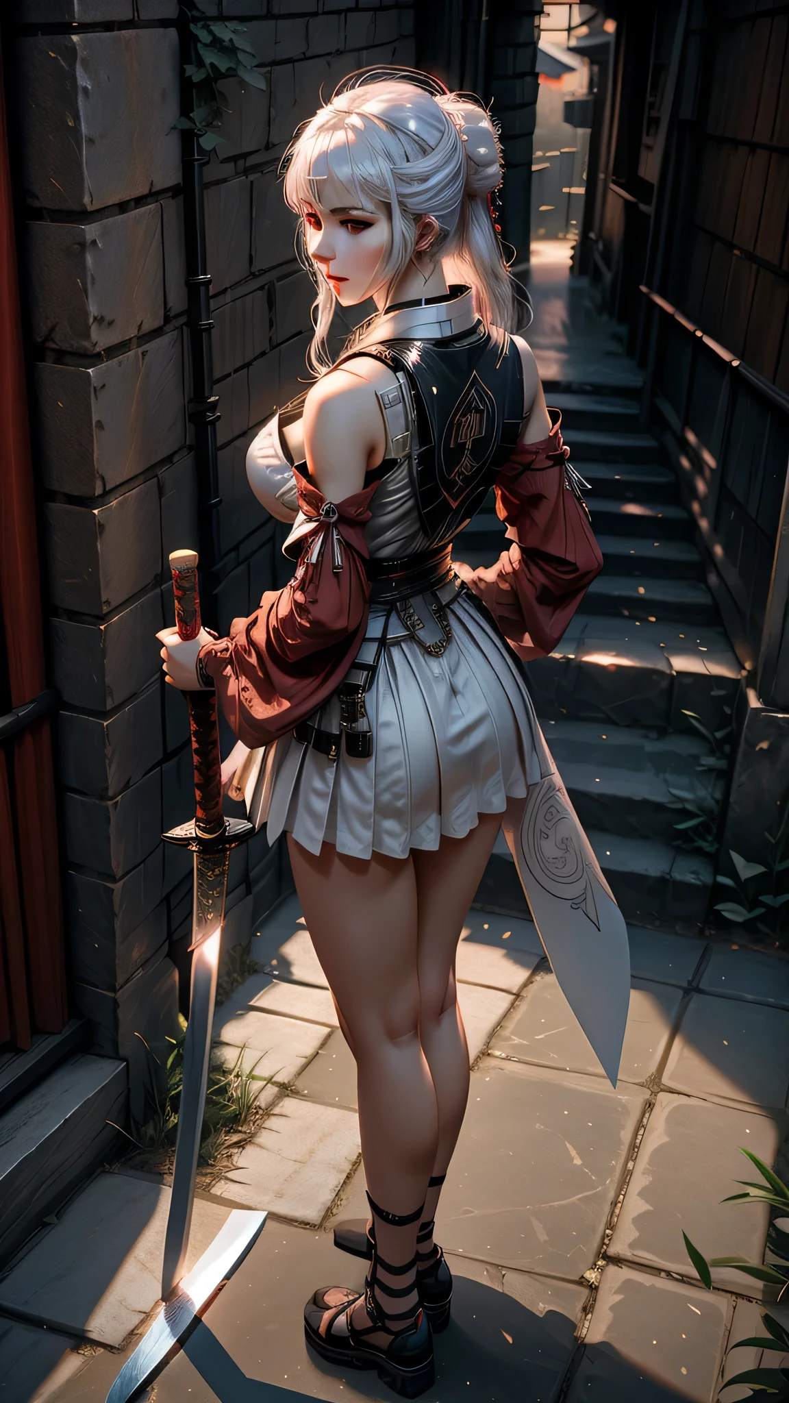 A woman stood with her back against the wall and placed her sword on the ground. The cyberpunk samurai is very beautiful, she is holding a katana sword, unsheathed the katana, she is holding a sword, the back is ornately decorated with Korean columns, realistic 3D anime style , cgsociety anime fantasy artwork 9,2.5D cgi, 3 d realism anime.pose beautiful.redAssassin.Standing and sitting with arms crossed, sword on shoulder.(Standing with arms crossed over chest, back to wall) .white hair.big thighs.lolita robot.