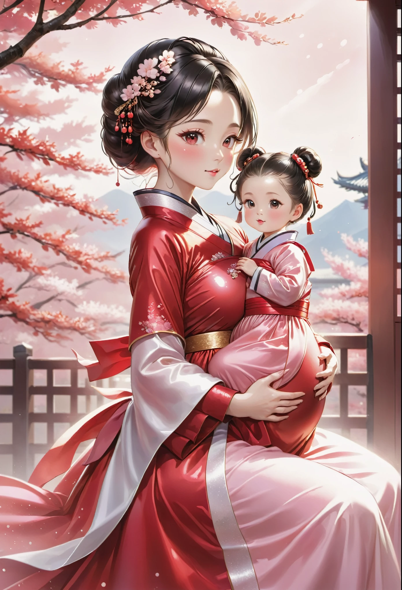 China　Princesa　（儀MODOで妊娠させられる）　mujer embarazada　rubor　　funcionalidad　ropa de manga larga de color rojo brillante　hanbok　　ordeño　madre　La leche materna　niño　MODO