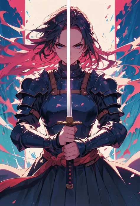 swordsman,armor,holding,holding sword,holding weapon,katana,long hair,sword,weapon,holding sword with both hands,sword focus