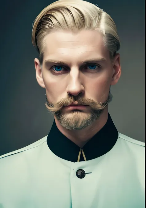 Adult male, white and tender skin, pale blonde slicked back combed short hair, kaisermustache and a ducktail beard, steel blue e...