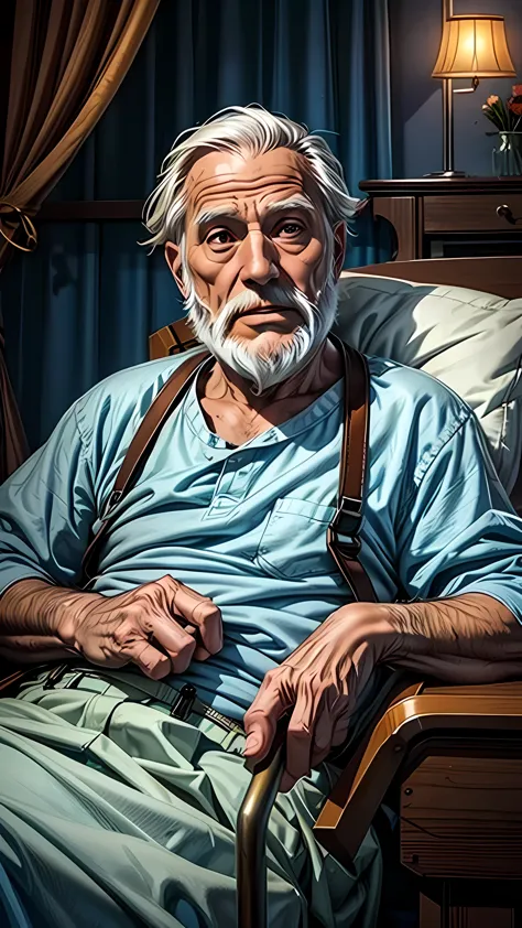 An elderly man with a white beard is lying in a hospital bed. He has a cane at his side and is wearing a blue shirt and suspende...