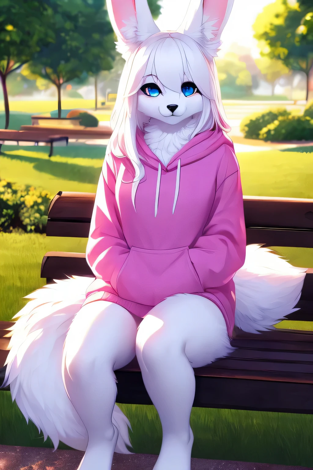 bunny girl with blue eyes, black nose, white fur, fluffy tail, white ears, long white hair, outside park background, sitting down on a bench, hair over one eye, pink hoodie, full body, big, realistic