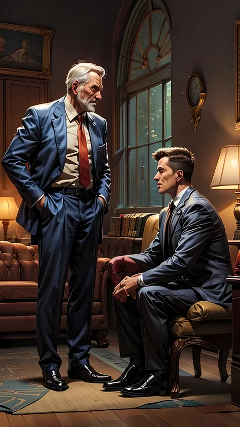 An older man stands with his hands in his pockets while a younger man sits in a chair. They are both wearing suits and ties. the...