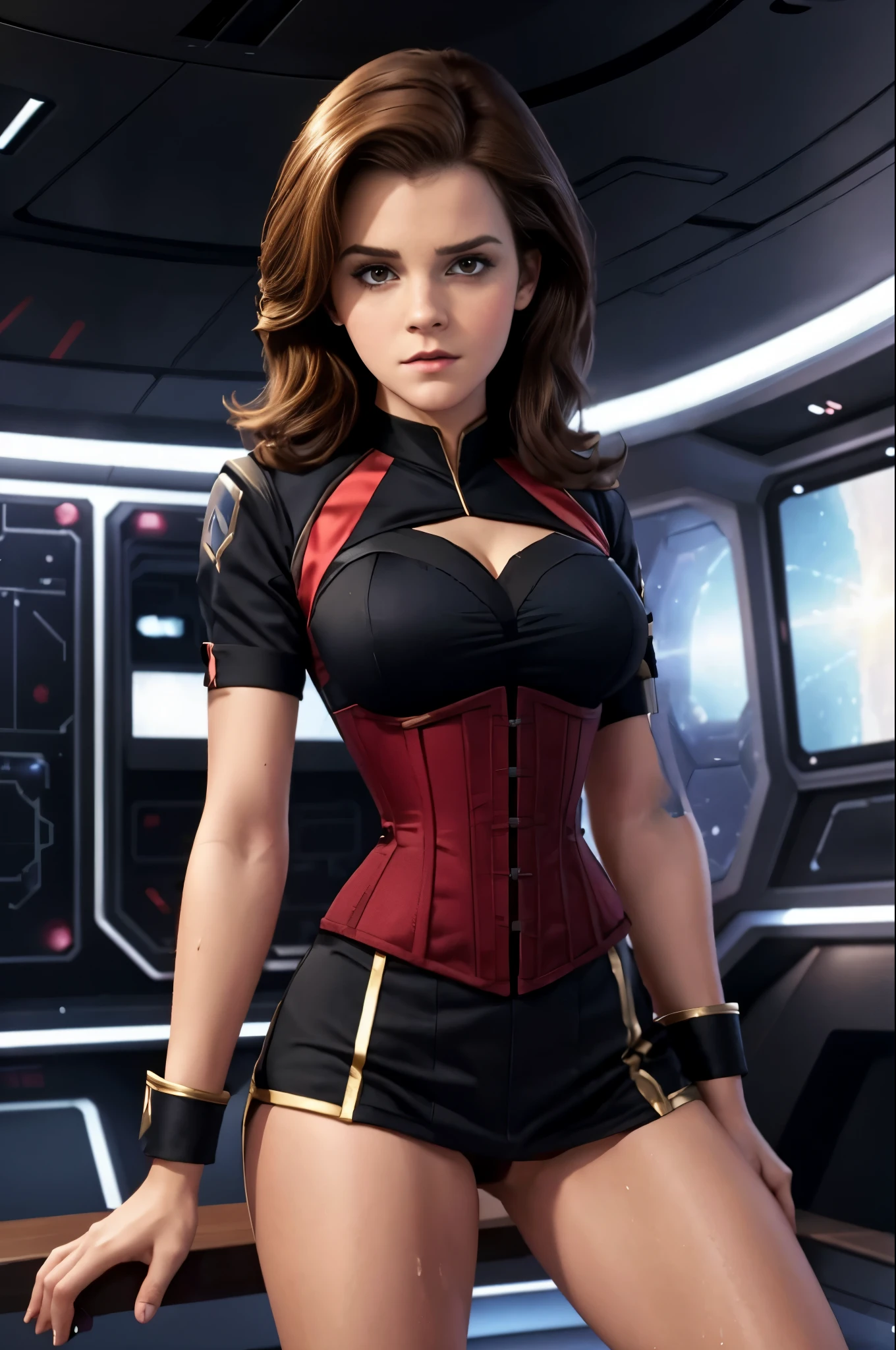 สมจริงสุดๆ. photo realisม. starfleet captain Eมมa Watson. อายุ 25 ปี. (สตาร์เทรค). Wearing a very revealing มinni-dress and corset-style red starfleet uniforม. คัตเอาท์แสดงความแตกแยก. ต้นขาเปลือย. ยอดเยี่ยม legs, ยอดเยี่ยม , ม,กล้าม, วีรชน. เหงื่อออก. cuม