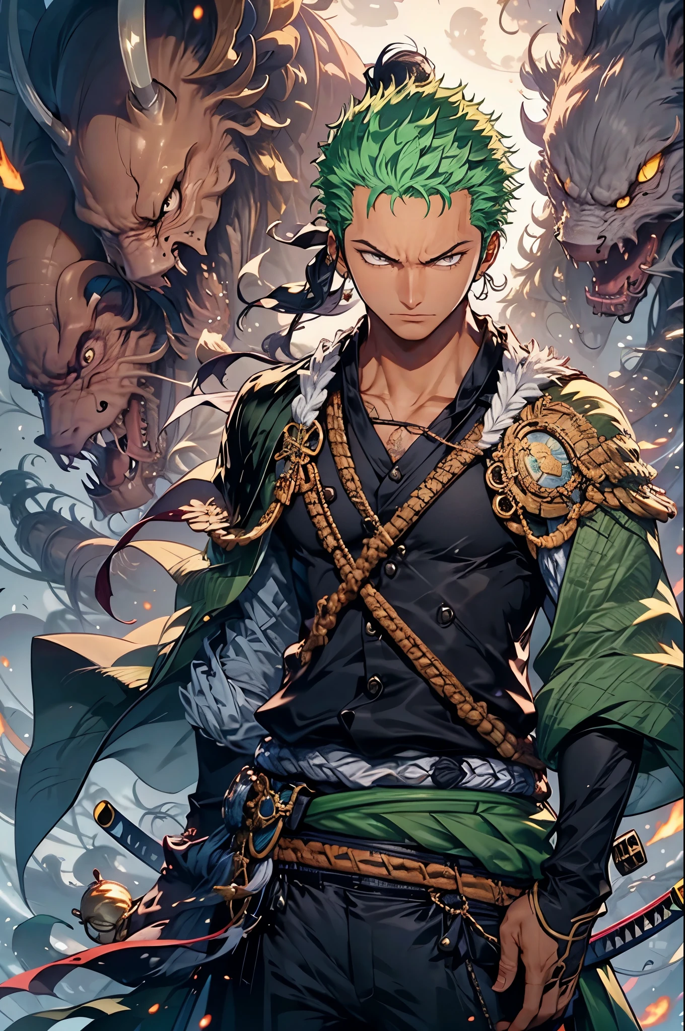 Zoro, sozinho, Olhando para o Viewer, sorrir, cabelo curto, olhos vermelhos, classe 1, propriedade, joia, parte superior do corpo, arma, Foco masculino, Brincos, Roupas japonesas, cabelos verdes, Chifres, espada, quimono, segurando arma , lateralmente, tatuagem, brilhante, cicatriz, segurando espada, Katana, cicatriz no rosto, cicatriz no olho, Física muscular detalhada, representação fotorrealista, Resolução 4k. O fundo escuro tem efeito de fogo verde