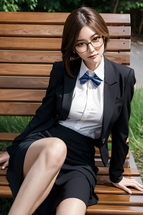woman in a sexy suit and glasses sitting on a bench, wearing a suit and glasses and skirt, 48 years old.