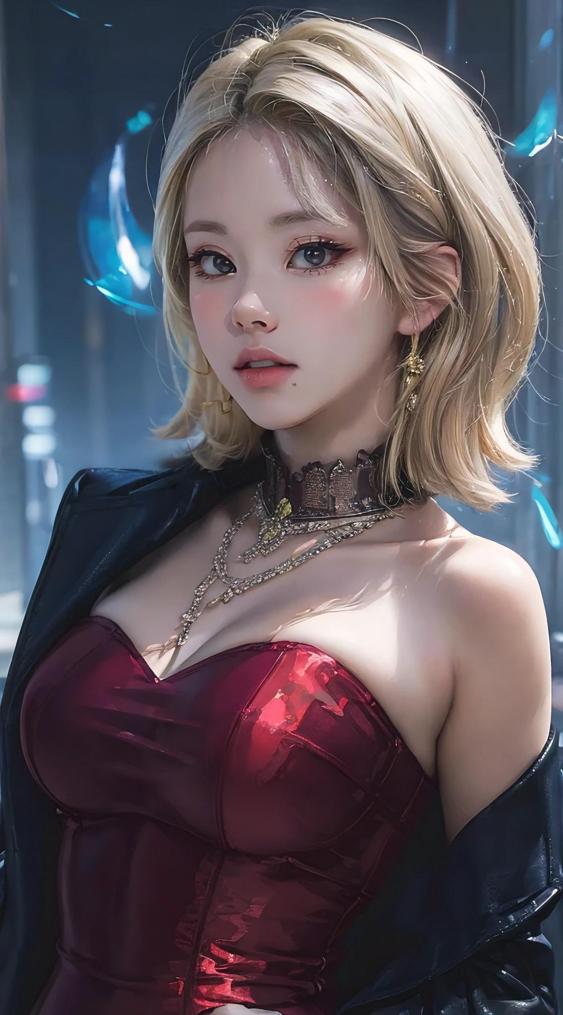 (best quality, masterpiece:1.2), perfect hourglass full body figure like kate upton, hyperfeminine, wide hips, thick thighs, large breasts, exotic eyes, form fitting dress, dangerous allure, dystopian city, dark tones