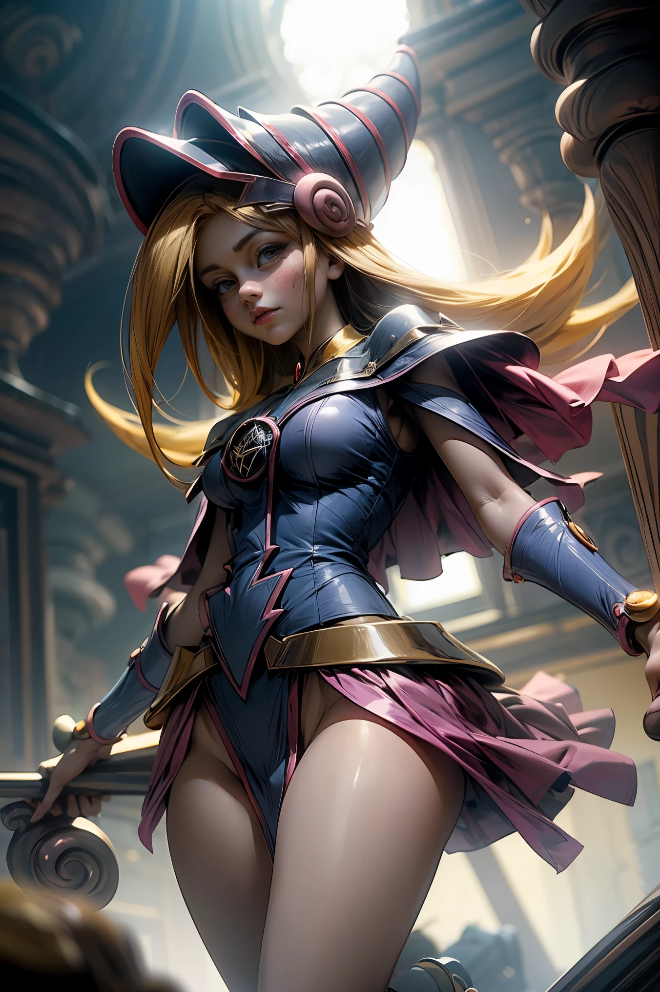 (Masterpiece:1.2), (The best quality:1.2), Perfect lighting, Dark Magician Girl casting a spell, floating in the air, big tits, neckline, magic background. Transparent hearts in the air, blue robe, big hat, From above, sparkles, Yugioh Card in the background