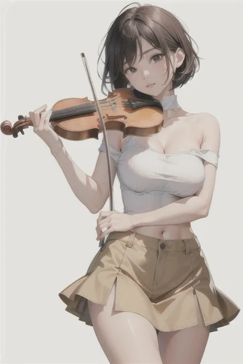 1girl, playing violin, violin, bow \(music\), spring, off-shoulder top, ((stand)),  Bob Cut, skirt, big breasts, boot, closed ey...
