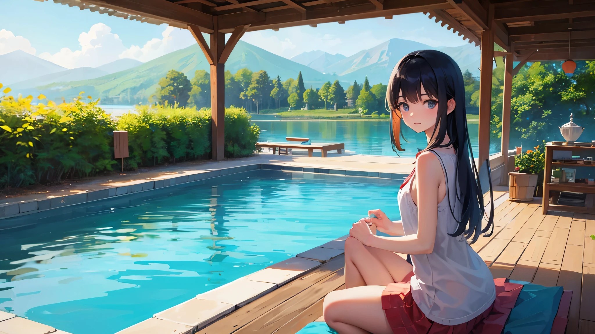 Anime girl sitting on a mat by a pool with a mountain view - SeaArt AI