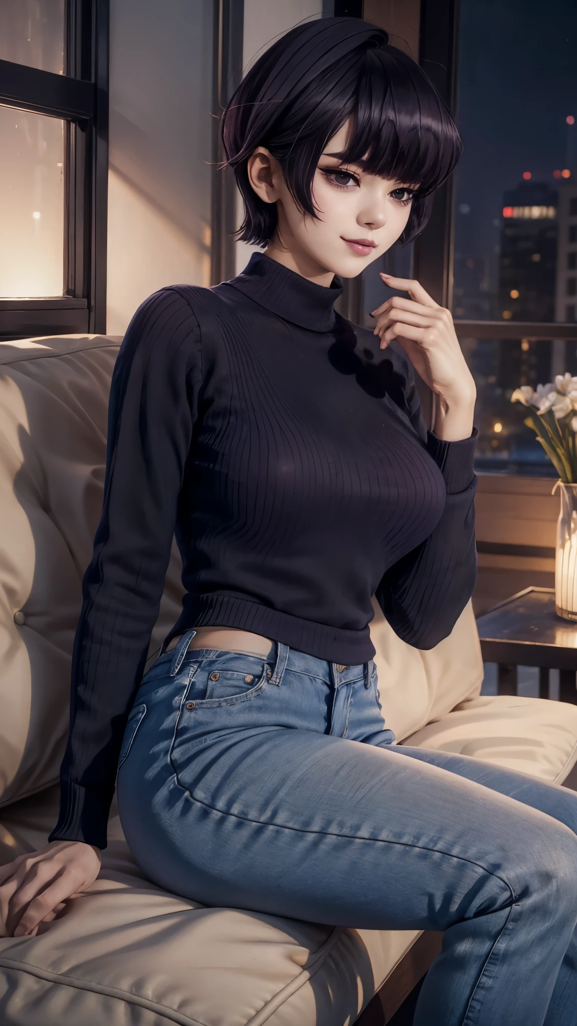 1girl, alone, komi shuuko, short hair, dark purple hair, with parting on the left side of the head, dark purple eyes, smiling, seductive, makeup, light pink lipstick, black sweater, tight long sleeve sweater, cleavage, blue jeans , tight jeans, black heels, big breasts, medium waist, medium hips, medium thighs, living room, sitting on sofa, legs crossed, night, open window, good lighting, excellent hands, excellent anatomy,