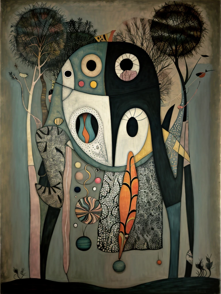 A fish, by Alexander Calder, oil painting, Klimt and Kandinsky, muted pastel color palette.
