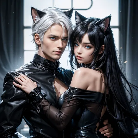 (woman, black hair, brown eyes, cat ears, close to man)( man, male, white hair, blue eyes, Man with cat ears, get ear) woman and...