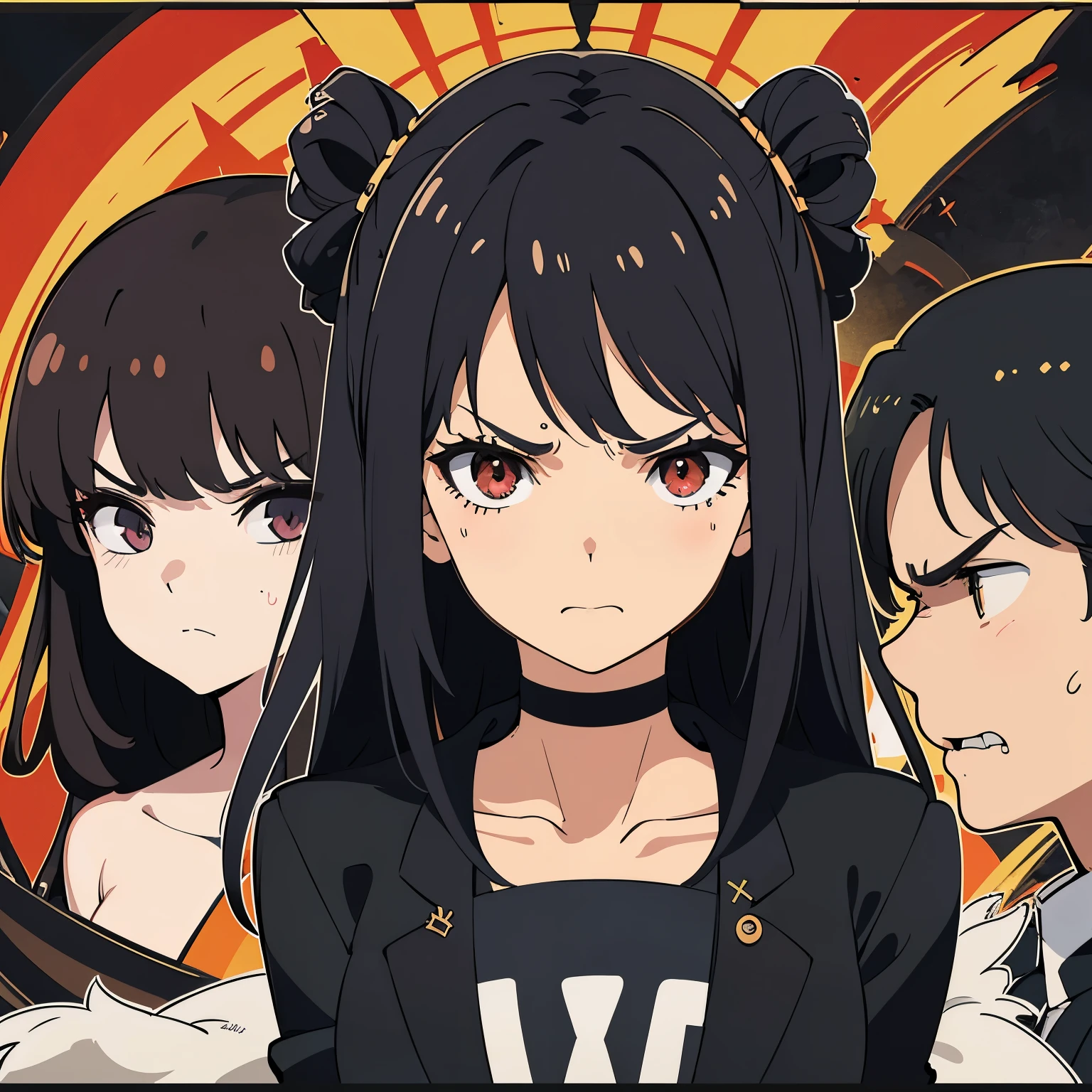 Anime characters with red eyes and black hair standing in front of a  circular background - SeaArt AI