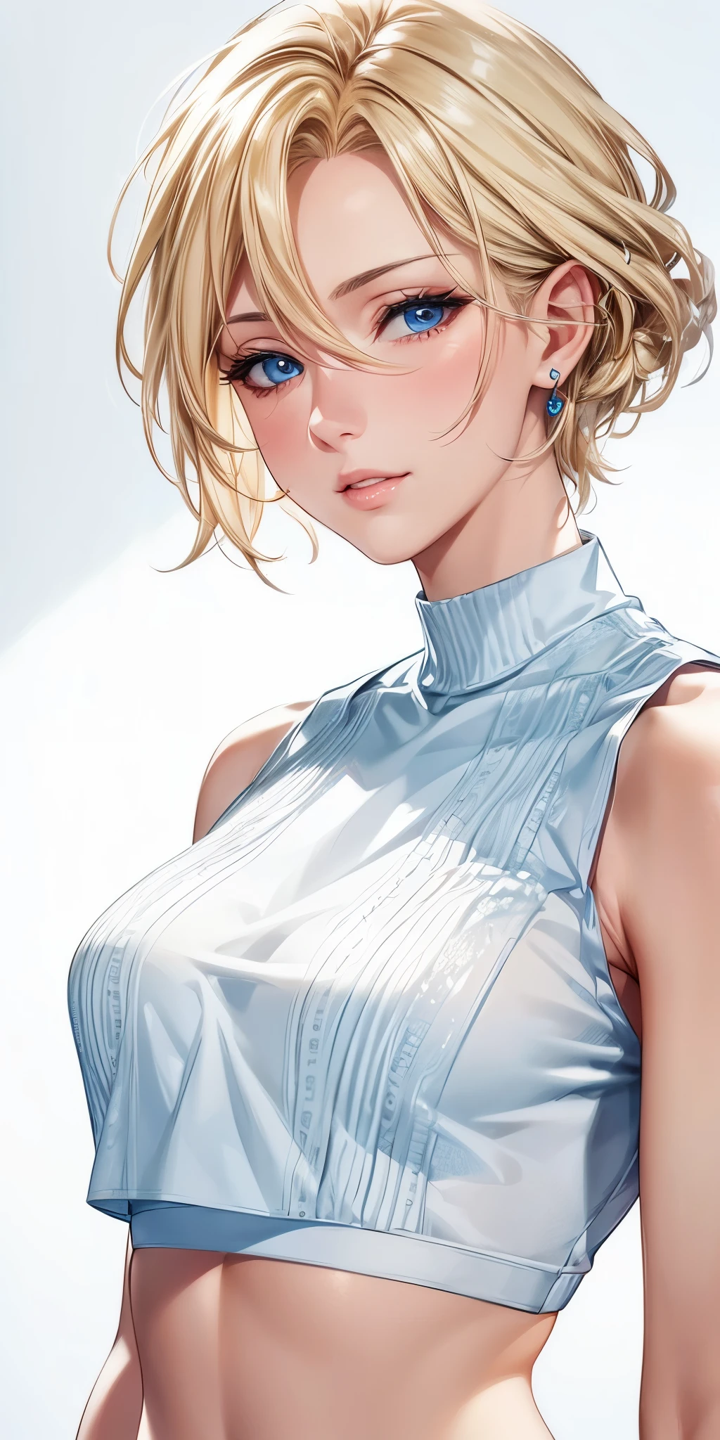 retrato, Realista, Mujer madura elegante, blue eyes, pelo rubio, resolución 4k, CG ultra detallado, hermosa computadora, Luz tenue